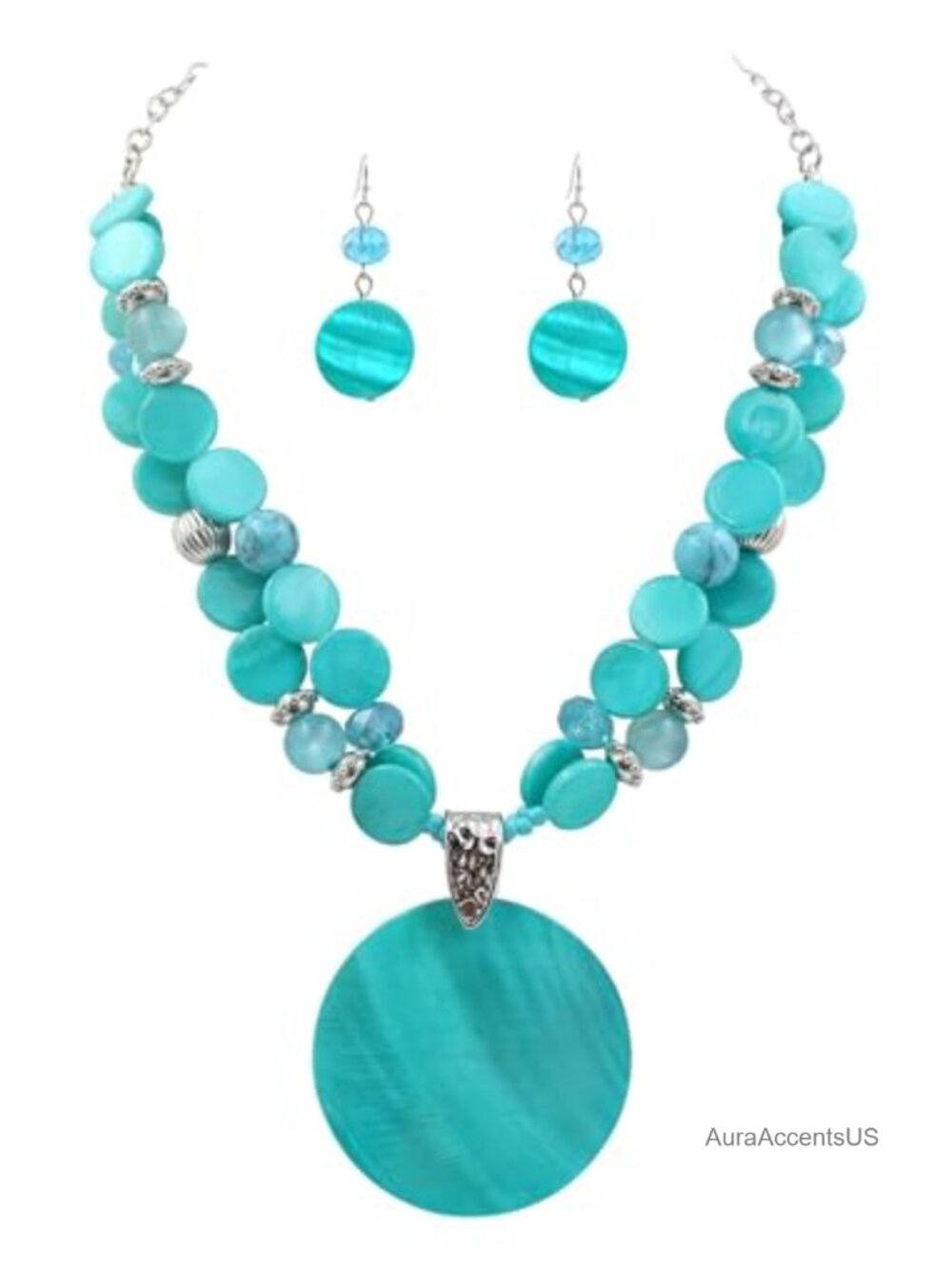 Chunky Beaded Statement Necklace Earring Set Shell Pendant 18"